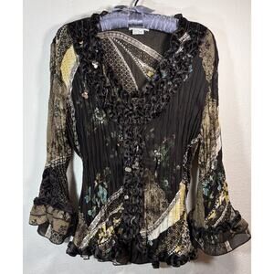 Dressbarn Women's XL Button Up Y2K Gothic Fairy Velour Beaded Ruffle Long Sleeve